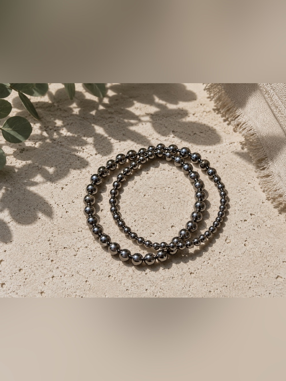 Stainless Steel Beaded Stretch Bracelet Set - Gunmetal Silver